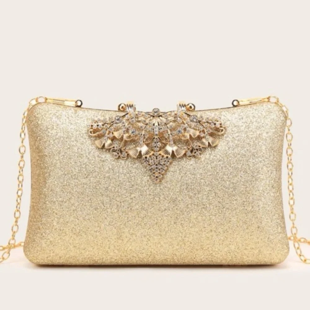 Luxe gold glitter floral rhinestone party evening wedding prom clutch box bag